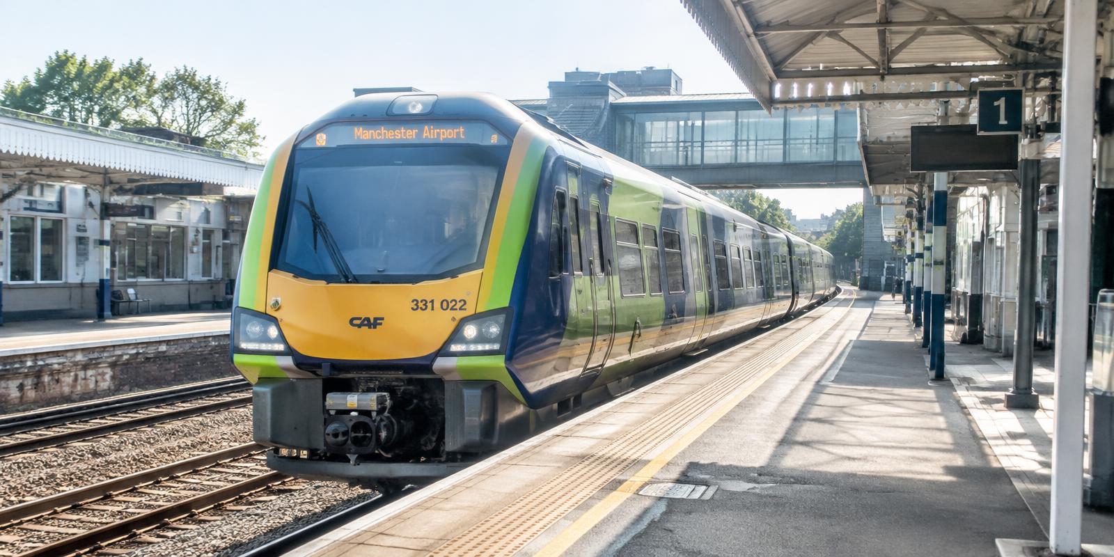 Modern UK commuter train at a sunny station platform
